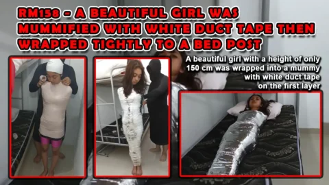 RM158-A Beautiful Girl Was Mummified With White Duct Tape Then Wrapped Tightly To A Bed Post